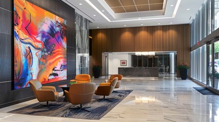 A modern office lobby with sleek furniture and a large abstract art installation on the wall.