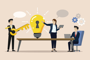 Critical solutions for business success, opening solutions, Manager explains how to solve problems. Teamwork discussions to open up new ideas. Business vector illustration.