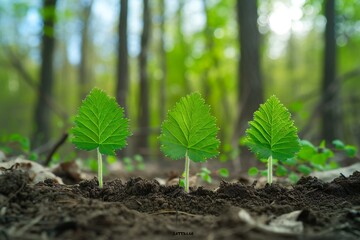 Green seedlings in the spring forest,  The concept of ecology