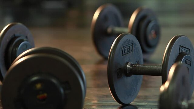Rows of dumbbells in the gym equipment in the sport gym