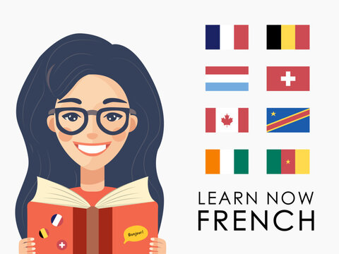 French language school, online courses concept with happy young girl, book, dictionary and francophone countries flags. Vector flat image for banner, poster, advertising