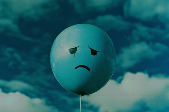 Blue balloon with sad face on cloudy sky background,  Concept of depression and sadness