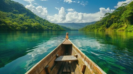 Serene Boat Ride on a Pristine Lake Surrounded by Lush Verdant Landscapes and Towering Mountains - obrazy, fototapety, plakaty