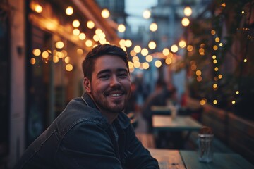 Portrait of a handsome young man sitting in a pub or restaurant.