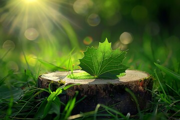 Green maple leaf on a stump in the grass with sunbeams