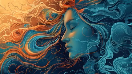 A painting of a beautiful woman with colorful wavy and loose hair with a serenity and elegance colorful concept. - obrazy, fototapety, plakaty