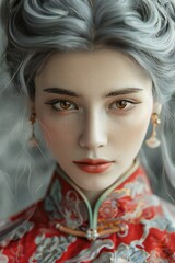 Portrait of a beautiful young woman with gray hair and red lips
