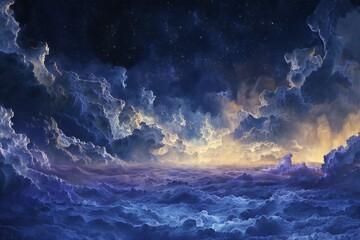 Fantasy landscape with clouds and starry sky - obrazy, fototapety, plakaty