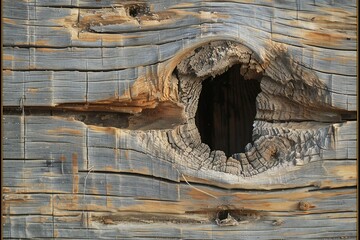 Wooden texture with a hole in it,  Close-up - obrazy, fototapety, plakaty