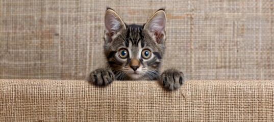 Curious tabby kitten peeking over beige wooden background, paws up, looking out with copy space