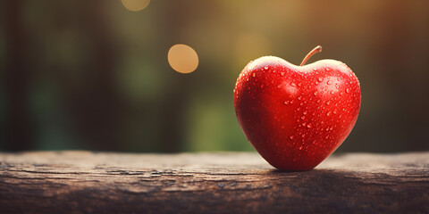 red apple on a wooden background, A red apple is in the air and is surrounded by water droplets.
 - obrazy, fototapety, plakaty