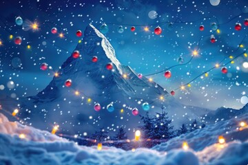 Fototapeta na wymiar A magical winter wonderland with a majestic snow-covered mountain peak, adorned with twinkling lights and colorful ornaments, against a backdrop of deep indigo, leaving space for your holiday message.