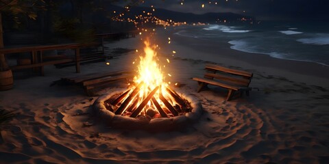 A cozy beach bonfire with friends, sparks dancing in the night  camping summer vibe