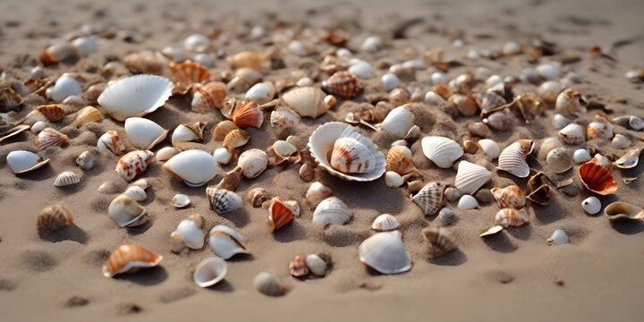 A collection of seashells scattered on sandy beach collecting summer activates 