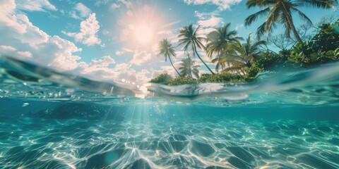Fototapeta na wymiar Seabed with blue tropical ocean above, sunny blue sky and palm tree, empty underwater background with the sun shining brightly