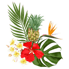 Summer tropical bouquet with red hibiscus flowers, strelitzia, plumeria, pineapple, monstera and palm leaves. Stock vector illustration on a white background.