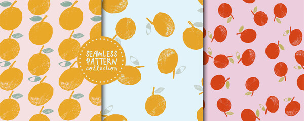 Seamless pattern set with textured apples in a cute modern style. Vector backgrounds, prints, designs