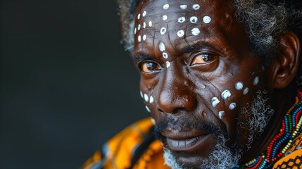 Senior African Man with Traditional Face Paint - obrazy, fototapety, plakaty