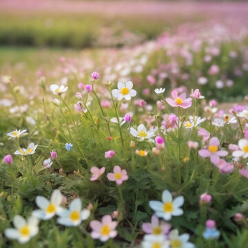 野原　野花　花がいっぱい咲いている　かわいい　カラフル
