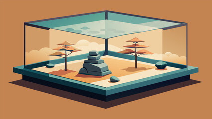 A shallow rectangular terrarium is filled with a zeninspired garden featuring raked sand smooth stones and carefully p bonsai trees. The - obrazy, fototapety, plakaty