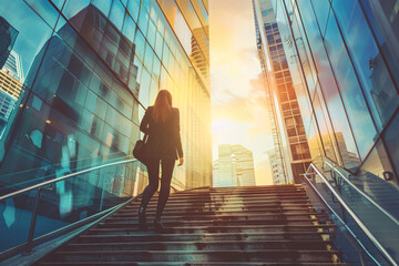 Plakat business and career concept, back view of business woman climbing up the stairs in business city with skyscrappers