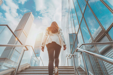 business and career concept, back view of business woman in suit climbing up the stairs over skyscrappers