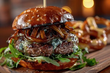 A burger with blue cheese, caramelized onions, and arugula on a pretzel bun.