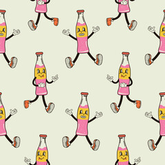A seamless pattern with a funny cute a bottle of soda character in a groovy style vector illustration - obrazy, fototapety, plakaty