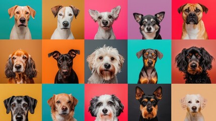 Collage of cute dogs looking at camera on colorful background in studio