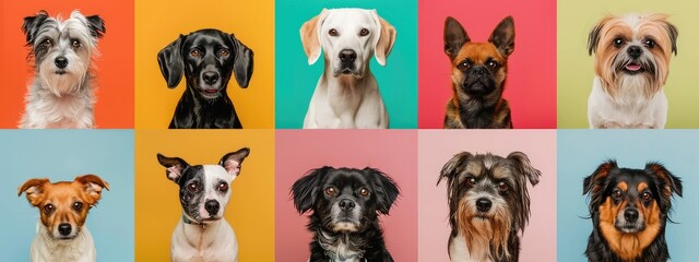 Collage of portraits of dogs on multicolored background. Different breeds of dogs.