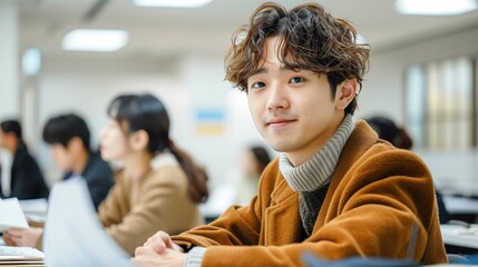 Young Asian Man Studying in Classroom