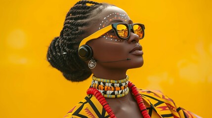 African Woman with Traditional Face Paint and Modern Headset