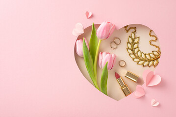 Sophisticated Mother's Day presentation: Top view of tulips, lipstick, gold jewelry, necklace,...