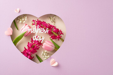 Mother's Day charm idea. Top view capturing lush tulips, hyacinth blossoms, airy gypsophila, "mother's day" text displayed within heart-shaped cutout on lilac backdrop. Perfect for heartfelt messages