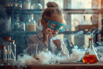 cute little girl scientist doing experiments in modern laboratory - obrazy, fototapety, plakaty