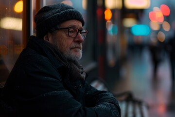 Portrait of an old man in the city at night. Shallow depth of field.