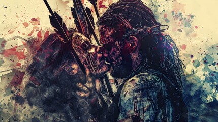 Watercolor artistic image of a wounded viking warrior with multiple arrow wounds is defending a beautiful woman in distress from many enemies, dark, gritty, graphic, colorsplash - obrazy, fototapety, plakaty