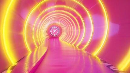 yellow clock-like portal in the form of pink-bottom pill and time-clock pink road, half of it comes a dynamic pink road with yellow shines and flash tracks with curves of 