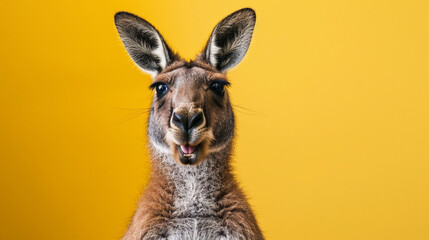 Studio portrait of surprised kangaroo, isolated on yellow background - obrazy, fototapety, plakaty