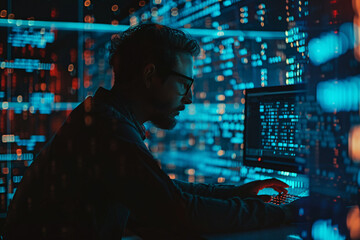 man programmer or hacker using computer in dark office
