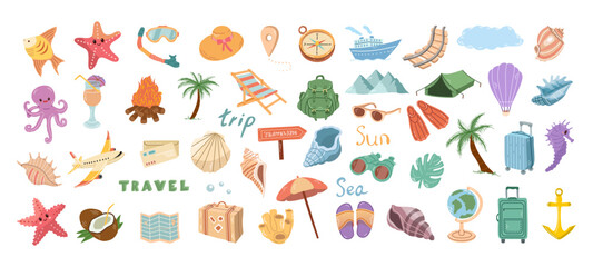 Cute hand drawn set of travel icons. Tourism and camping adventure icons. Сlipart with travelling elements, bags, transport, camera, map, palm, seashells.