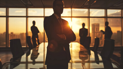Silhouette of a confident businessman standing in an office at sunrise. Corporate leadership and successful career concept with copy space for design and text - obrazy, fototapety, plakaty