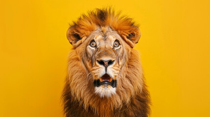 Studio portrait of surprised lion, isolated on yellow background - obrazy, fototapety, plakaty