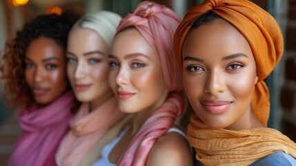 Diverse Group of Women with Headscarves Smiling - obrazy, fototapety, plakaty
