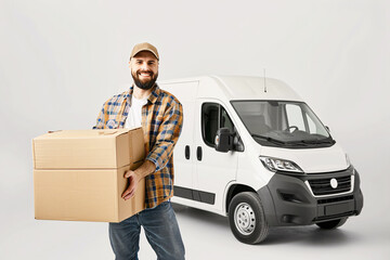 delivery or moving day concept, deliveryman or loader in uniform uploading cardboard boxes from car over white