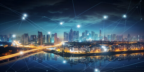 Smart city with network connection and internet of things concept, Cityscape and highrise buildings at night The concept of modern technologies
 - obrazy, fototapety, plakaty