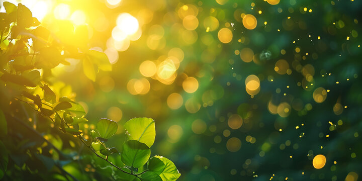 Yellow and green bokeh background, spring season, defocused fairy lights Summer background with a magnificent summer sun burst with lens flare bokeh effect