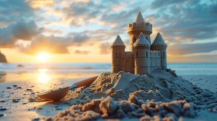 Detailed Sandcastle at Sunset on Beach