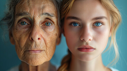 young beautiful girl and an old elderly wrinkled grandmother. Face of a granddaughter and grandmother. Concept of aging