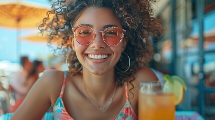 Smiling Young Woman with Sunglasses at a Café